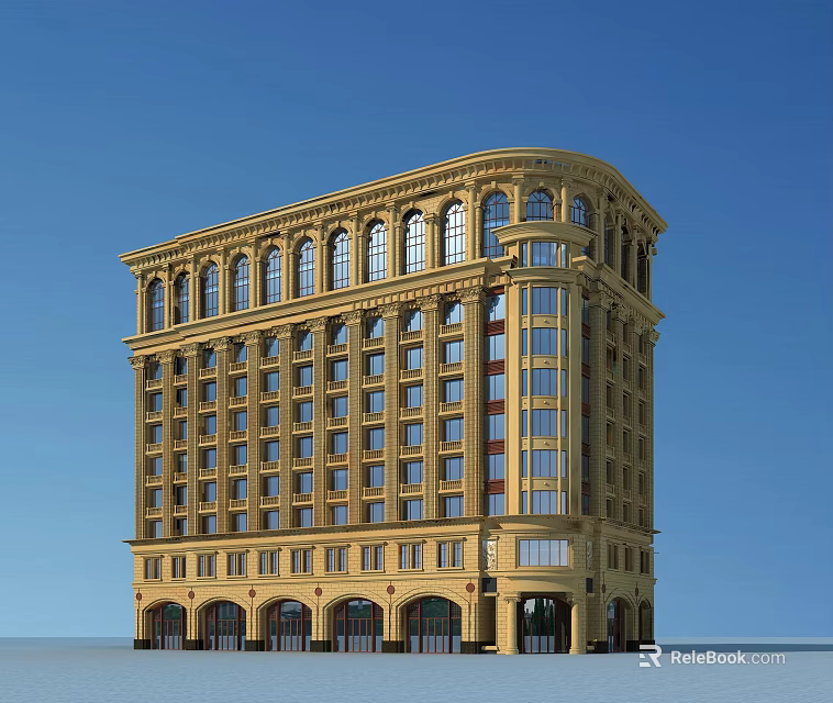 Classical Multi Story Office Building With Yellow Exterior And Arched Windows 3d model