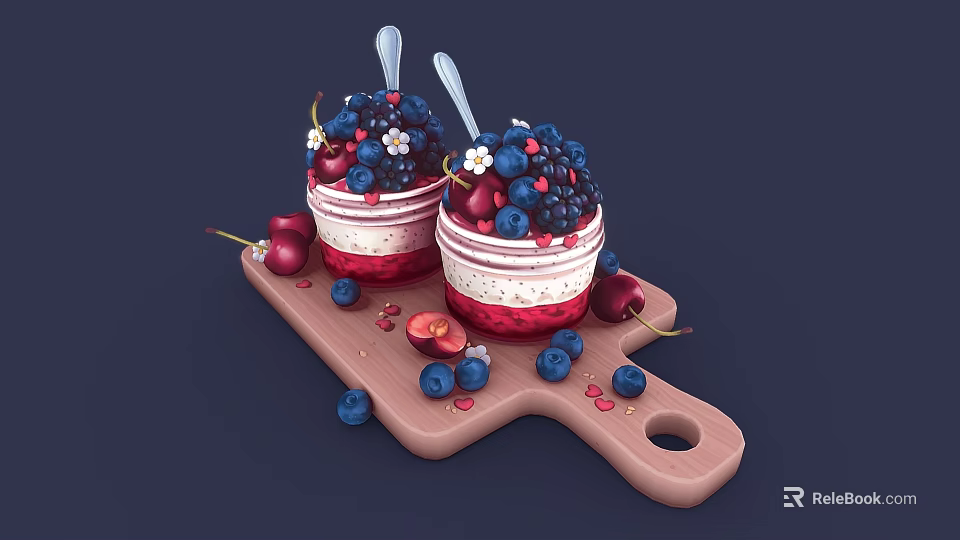 Delicious Berry Parfait Desserts With Cream Layers And Fresh Berries On Wooden Serving Board 3d model 
