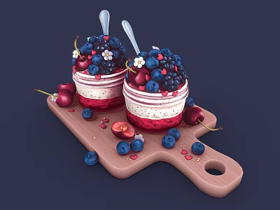Delicious Berry Parfait Desserts With Cream Layers And Fresh Berries On Wooden Serving Board 3d model