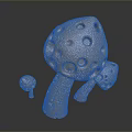 Three Decorative Golden Mushrooms with Textured Surface and Holes on Dark Background