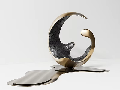 Modern Metallic Sculpture With Curved Design Textured Black Surface And Dripping Golden Base 3d model