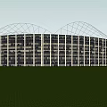 Modern Stadium Architecture Featuring Red And White Seating With Large Steel Roof Structure