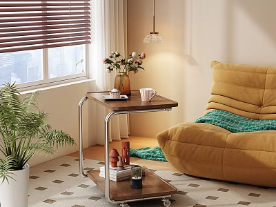 Yellow Lounge Chair with Wooden Metal Frame Cart Vase Coffee Cup Green Plant and Blinds 3d model