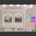Athaya Exhibition Booth With Pink Design Sofa Side Tables Wall Art And Colorful Screen