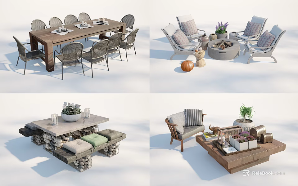 Elegant Outdoor Table With Comfortable Chairs Potted Plants And Decorative Elements 3d model 