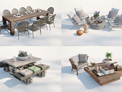 Elegant Outdoor Table With Comfortable Chairs Potted Plants And Decorative Elements 3d model