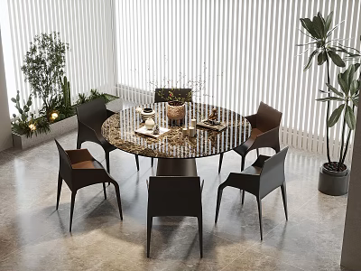 Modern Round Glass Top Dining Table Set With Four Black Chairs Blinds And Green Plants 3d model