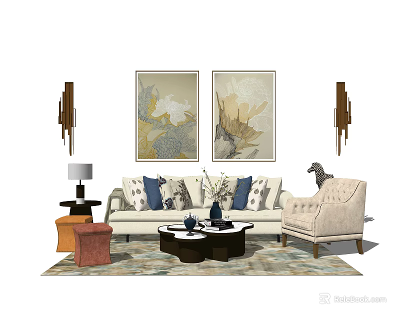 Stylish Sofa Coffee Table Set With Decorative Pillows Area Rug And Wall Art 3d model