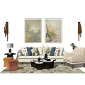 Stylish Sofa Coffee Table Set With Decorative Pillows Area Rug And Wall Art 3d model
