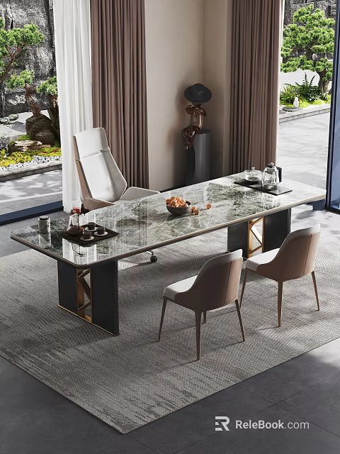 Modern Tea Room Interior With Marble Long Table Tea Set Fruit Plate And Chairs 3d model