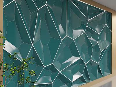 Teal Geometric Pattern Wall Design With White Lines And Polygons Near Green Plants 3d model