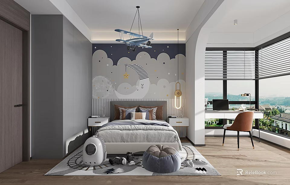 Modern Kids Bedroom Interior Design With Airplane Pendant Light Cloud Wallpaper Bed And Play Rug 3d model 