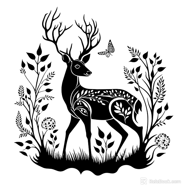 Elegant Silhouette Style Wall Decor With Deer Branch Leaves Flowers And Butterfly 3d model 