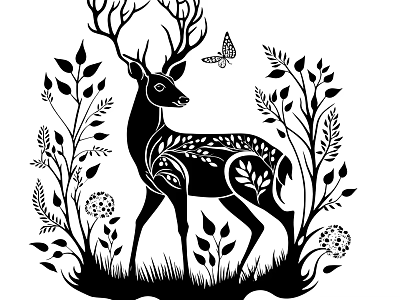 Elegant Silhouette Style Wall Decor With Deer Branch Leaves Flowers And Butterfly 3d model