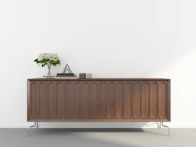 Modern Wooden Console Table With Panel Design Metal Legs Top Decor Vase Flowers And Books 3d model