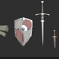 Medieval Weapons Collection Featuring Shield Long Sword Dagger Scroll And Leather Pouch 3d model