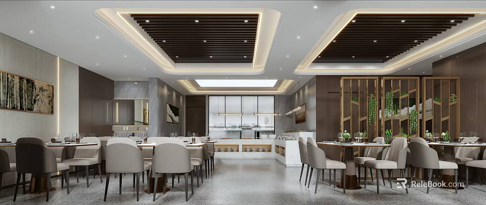 Modern Banquet Hall Interior With Dining Tables Chairs And Elegant Ceiling Design 3d model