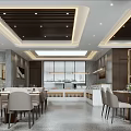 Modern Banquet Hall Interior With Dining Tables Chairs And Elegant Ceiling Design 3d model