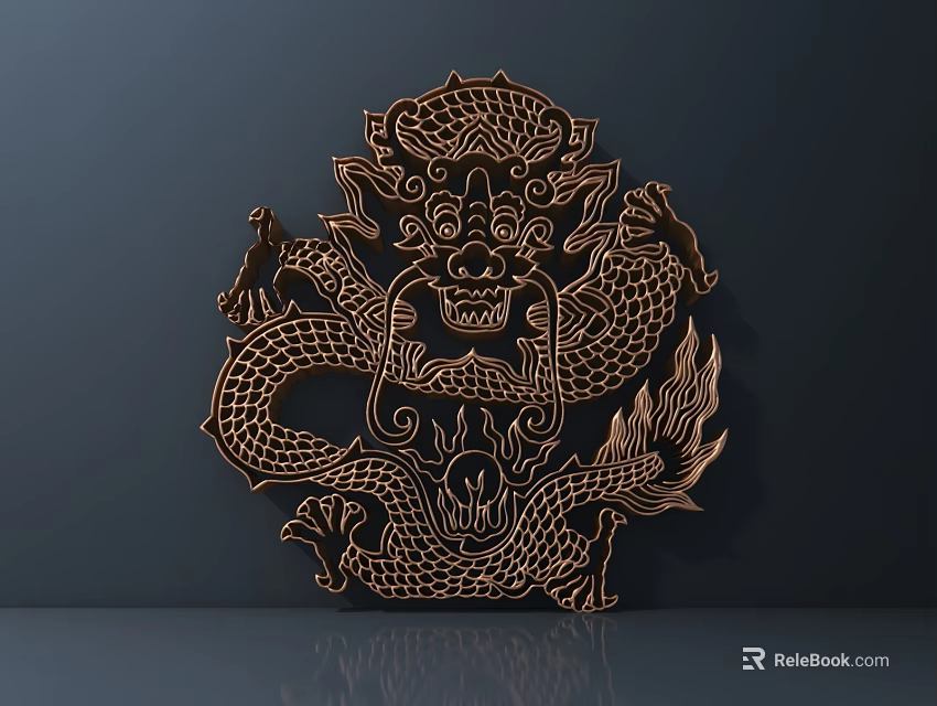 Ornate Bronze Dragon Carving Design With Intricate Patterns On Dark Wall 3d model 