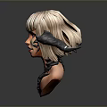 Mythical Character Head Sculpture With Black Ram Horns Blonde Hair Red Lips And Intricate Necklace