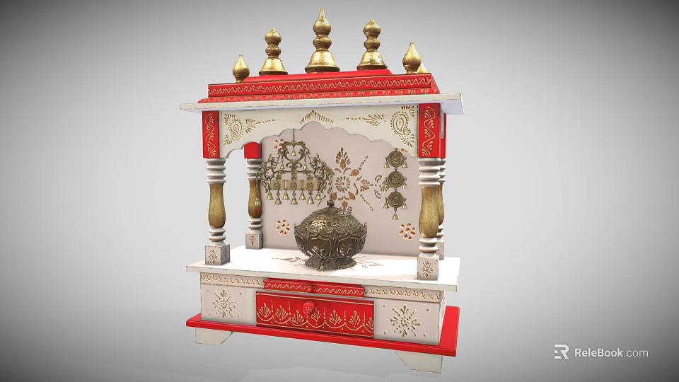 Traditional Pooja Mandir Cabinet With Red Gold Decor Golden Spires And Intricate Carvings 3d model 