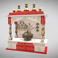 Traditional Pooja Mandir Cabinet With Red Gold Decor Golden Spires And Intricate Carvings