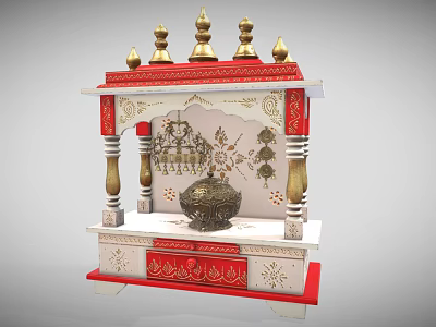 Traditional Pooja Mandir Cabinet With Red Gold Decor Golden Spires And Intricate Carvings 3d model