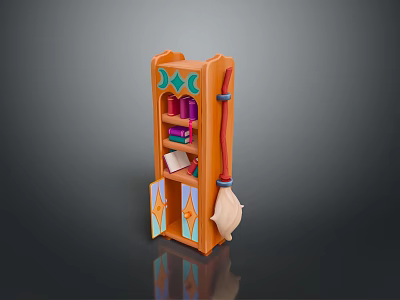 Colorful Orange Multi tiered Shelf With Green Patterns Broom Books And Box 3d model