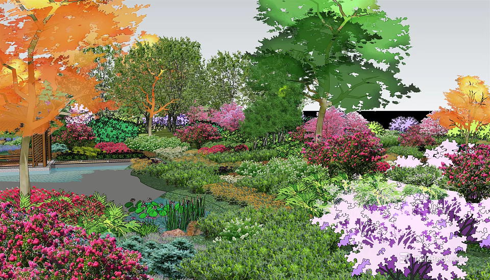 Beautiful Park Landscape With Colorful Trees Various Flower Bushes Small Pond And Lush Green Plants 3d model 