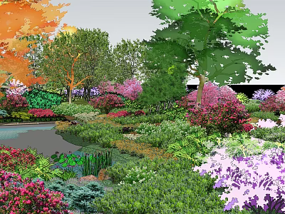 Beautiful Park Landscape With Colorful Trees Various Flower Bushes Small Pond And Lush Green Plants 3d model