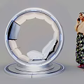 Woman Standing Next to Modern Circular Spaceship Style Seat With Screen and Comfortable Design