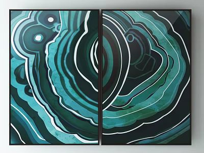 Double Panel Abstract Blue Green Swirl Wall Art In Black Framed Canvas 3d model