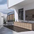 Stylish Courtyard Garden With Wooden Pergola Seating Area Pool Green Plants And Trees