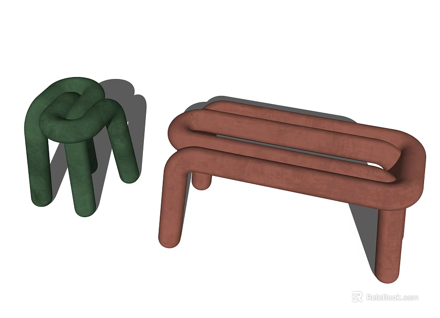 Green Small Knotted Stool And Brown Long Curved Bench Modern Design 3d model 