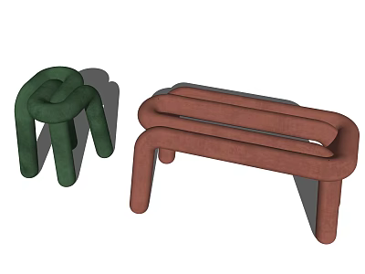 Green Small Knotted Stool And Brown Long Curved Bench Modern Design 3d model