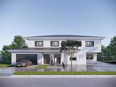 Two Story White Detached House With Gray Roof Garage Black Car People At Entrance And Trees 3d model