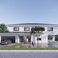 Two Story White Detached House With Gray Roof Garage Black Car People At Entrance And Trees