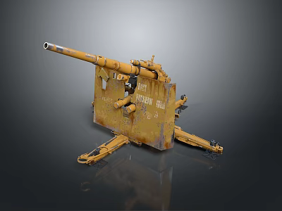 Vintage Yellow Rusted Artillery Weapon With Long Gun Barrel And Metal Mount 3d model