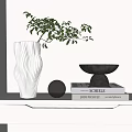 Textured White Vase with Green Plant and Black Decor on White Shelf with Books