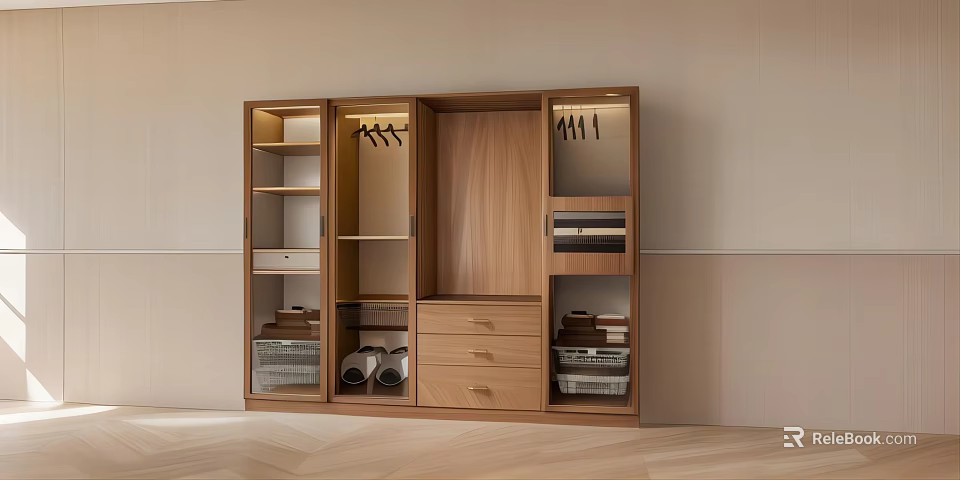 Modern Wooden Wardrobe Interior With Hanging Space Drawers Shelves And Storage Baskets 3d model 
