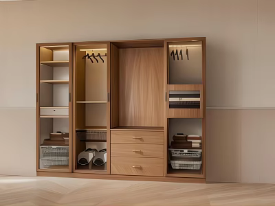 Modern Wooden Wardrobe Interior With Hanging Space Drawers Shelves And Storage Baskets 3d model