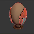 Carved Egg Shaped Sculpture With Golden Body Red Green Accents And Wooden Base