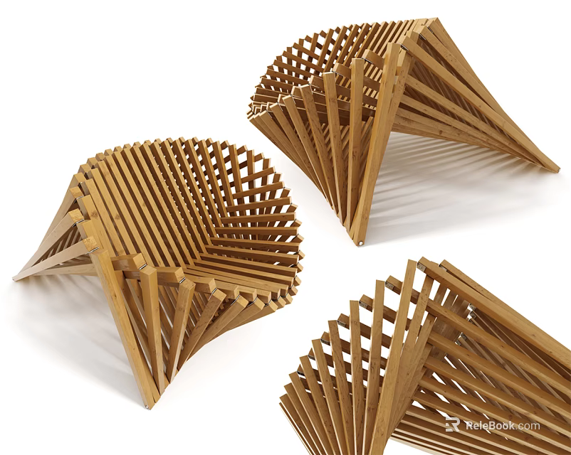 Modern Wooden Leisure Chair Featuring Slatted Structure And Geometric Design Displayed In Various Angles 3d model 