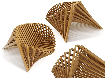 Modern Wooden Leisure Chair Featuring Slatted Structure And Geometric Design Displayed In Various Angles 3d model