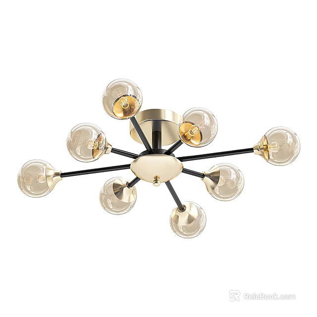 Modern Glass Globe Ceiling Light With Gold Black Metal Frame And Multiple Bulbs 3d model 