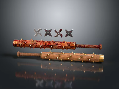 Two Spiked Clubs With Sharp Spikes And Four Throwing Stars Combat Weapons 3d model