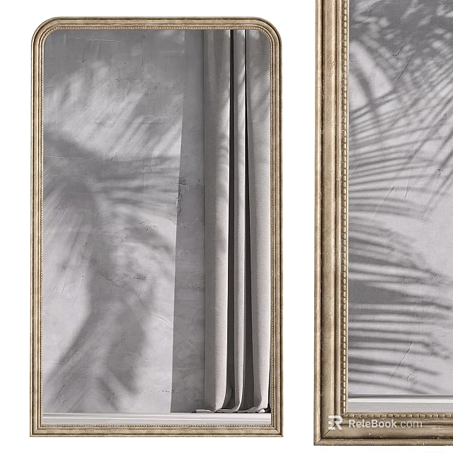 Decorative Wall Mirror With Gold Frame And Palm Leaf Shadows By Curtains 3d model 