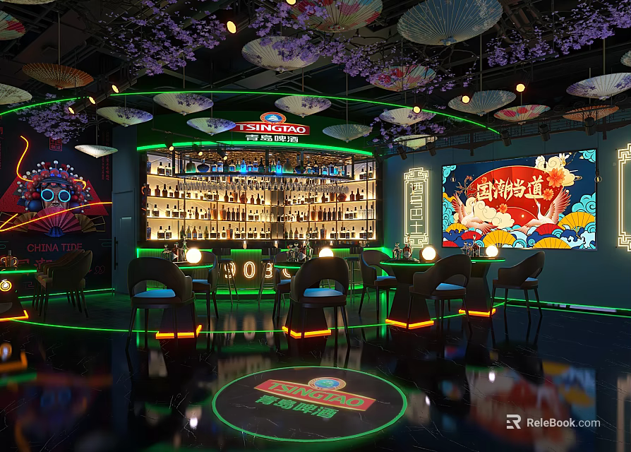 Stylish Bar Interior With Purple Flower Decor Umbrellas Neon Lights Chinese Style Bar Counter Wine Racks 3d model 