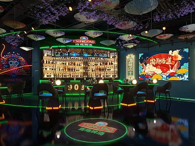 Stylish Bar Interior With Purple Flower Decor Umbrellas Neon Lights Chinese Style Bar Counter Wine Racks 3d model