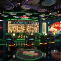 Stylish Bar Interior With Purple Flower Decor Umbrellas Neon Lights Chinese Style Bar Counter Wine Racks
